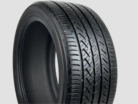 Close-up of a car tire with tread pattern on a white background