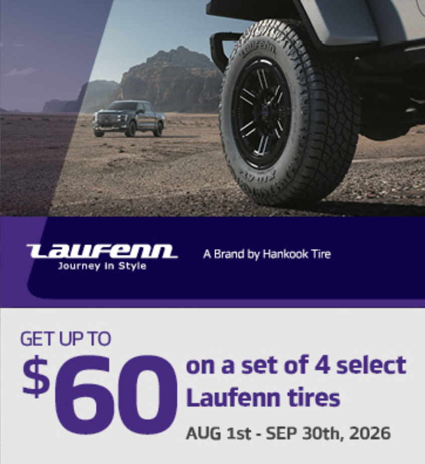Laufenn, a brand by Hankook. Get up to $60 on a set of four select Laufenn tires. 1 August to 30 September 2026.